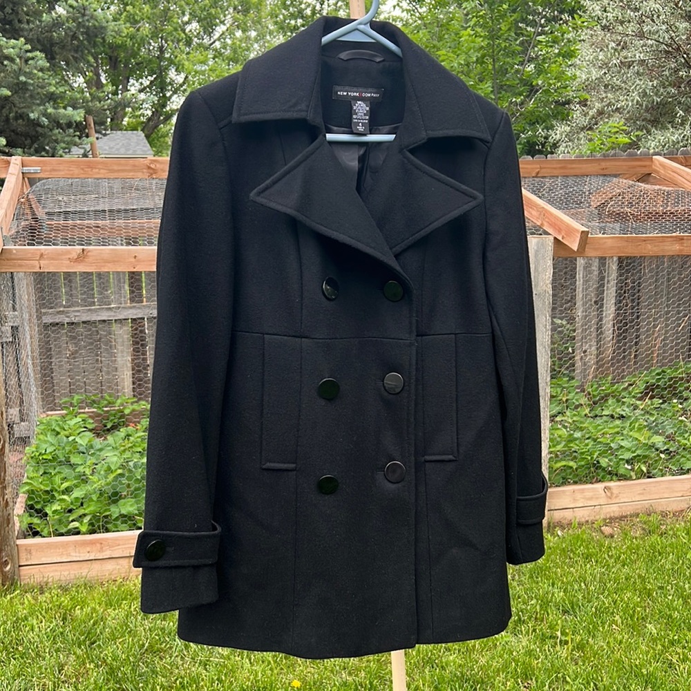 New York & Company Wool Blend Double-Breasted Coat Black - Size 4